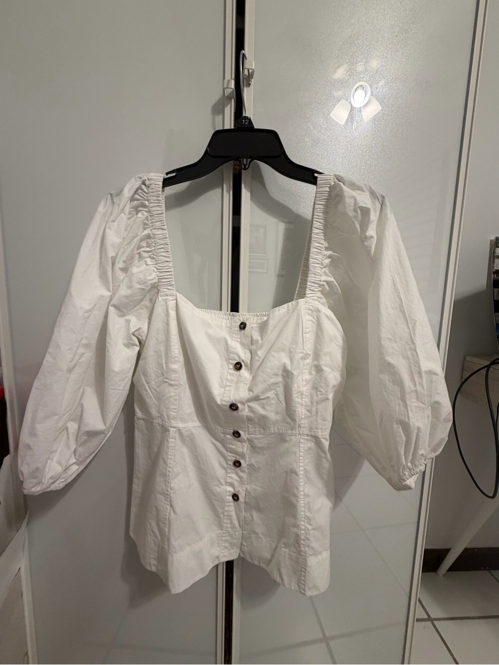 Ganni Square Neck Puff Sleeve Button-Front Top - White